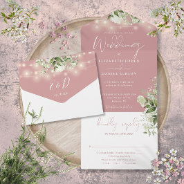 Stoffige Roze Slingerlichtjes Groene Monogram Brui All In One Uitnodiging