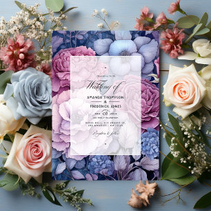 Stoffige Roze, Stofblauw, en Zilveren Bloemachtige Kaart