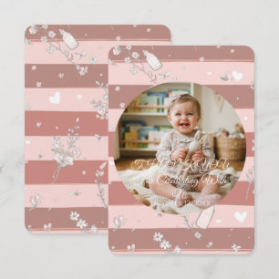 Stoffige Roze Strepen Cirkel Frame Baby Meisje Fot Bedankkaart