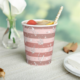 Stoffige Roze Strepen Vintage Bloemengirlsbabyshow Papieren Bekers
