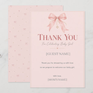 Stoffige Roze Strik Baby Shower Bedankkaart