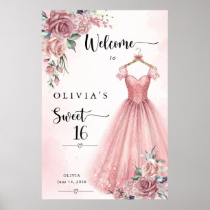 Stoffige Roze Sweet 16 Bloemen Jurk Welkom Poster