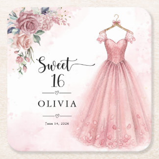 Stoffige Roze Sweet 16 Bloemenjurk Papieren Onderz Kartonnen Onderzetters