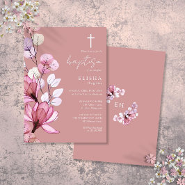 Stoffige Roze Transparante Bloemen Monogram Doop Kaart