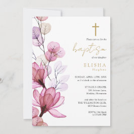 Stoffige Roze Transparante Bloemen Monogram Doopfe Kaart