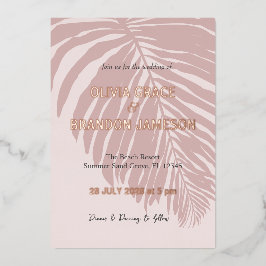 Stoffige Roze Tropische Palmblad Bruiloft  Folie Uitnodiging