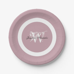 Stoffige Roze Trouw Chic Witte Monogram & Details Papieren Bordje