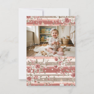 Stoffige Roze Vintage Bloemige Baby Meisje Foto Bedankkaart
