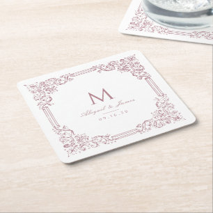 Stoffige Roze Vintage Frame Elegant Trouw Monogram Kartonnen Onderzetters