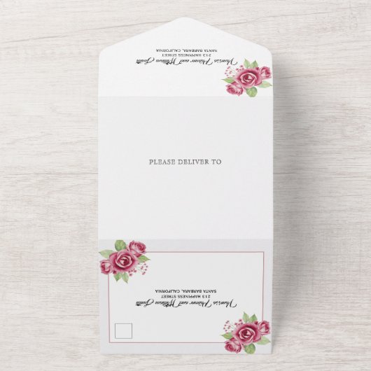 Stoffige roze waterverf roos bloemen bloemenbruilo all in one uitnodiging (Buitenkant)