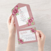 Stoffige roze waterverf roos bloemen bloemenbruilo all in one uitnodiging (Afscheurbaar)