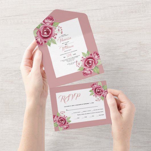 Stoffige roze waterverf roos bloemen bloemenbruilo all in one uitnodiging (Afscheurbaar)