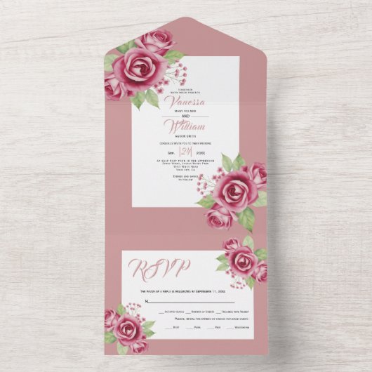 Stoffige roze waterverf roos bloemen bloemenbruilo all in one uitnodiging (Binnen)