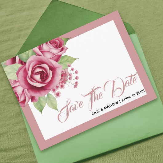 Stoffige roze waterverf roos bloemen Save the Date Briefkaart
