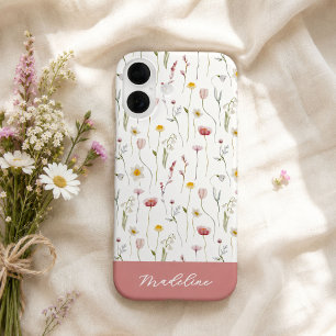 Stoffige Roze Waterverf Wilde Bloem Naam iPhone 16 Hoesje