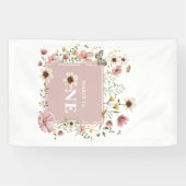 Stoffige Roze Wilde Bloem Vlinder 1e Verjaardag Spandoek (Horizontaal)