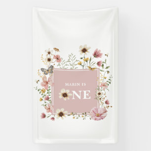 Stoffige Roze Wilde Bloem Vlinder 1e Verjaardag Spandoek
