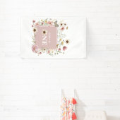 Stoffige Roze Wilde Bloem Vlinder 1e Verjaardag Spandoek (Insitu)