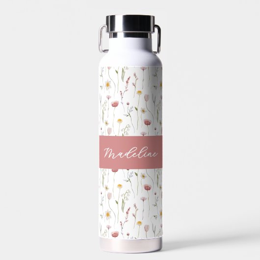 Stoffige Roze Wilde Bloem Waterverf Monogram Naam Waterfles (Voorkant)