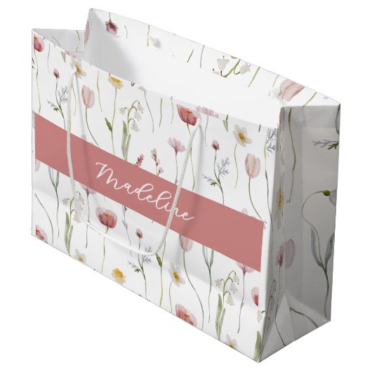 Stoffige Roze Wilde Bloem Waterverf Monogramnaam Groot Cadeauzakje (Voorkant Gekanteld)