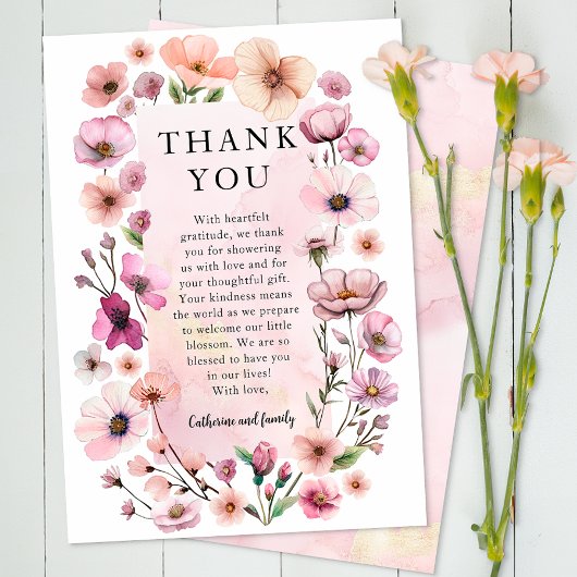 Stoffige Roze Wildflower Dankjewel Card – Boho Wat Bedankkaart