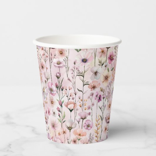 Stoffige Roze Wildflower Party Cups – Boho Waterve Papieren Bekers (Voorkant)