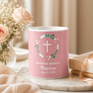 Stoffige Roze Witte Kruis Bloemenkroon Doop Favor Koffiemok