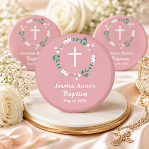 Stoffige roze witte kruis bloemenkroon doop favor magneet