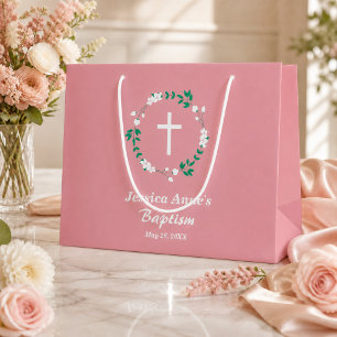 Stoffige Roze Witte Kruis Bloemenkroon Doop Groot Cadeauzakje