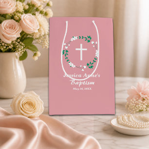 Stoffige Roze Witte Kruis Bloemenkroon Doop Medium Cadeauzakje