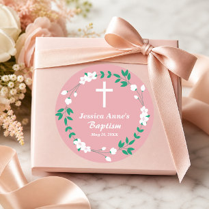 Stoffige Roze Witte Kruis Bloemenkroon Doop  Ronde Sticker