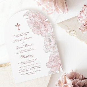 Stoffige roze witte pioenrozen boog religieuze bru kaart