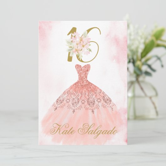 Stoffige roze zoete 16 uitnodiging (Staand voorkant)