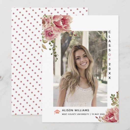 Stoffige rozen bloemen Klasse van 2025 afstuderen  Aankondiging (Voorkant / Achterkant)