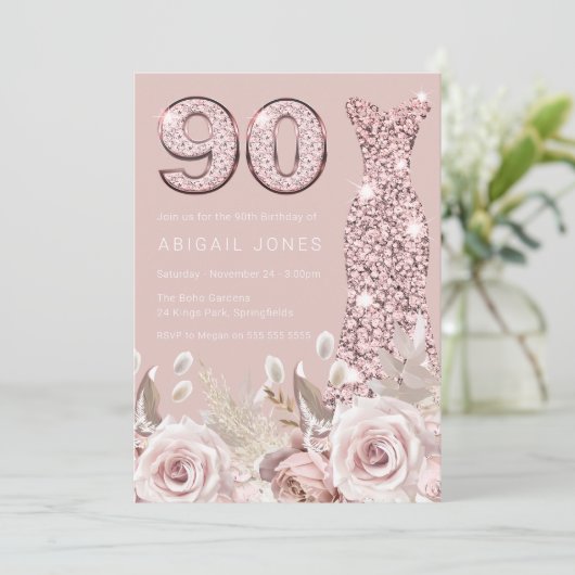 Stoffige Rozen Blush Gown Elegant 90ste Verjaardag Kaart (Staand voorkant)