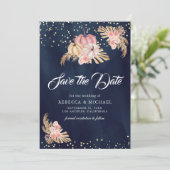 Stoffige Rozen Pompoen Pampas Navy Wedding Save The Date (Staand voorkant)