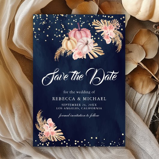 Stoffige Rozen Pompoen Pampas Navy Wedding Save The Date