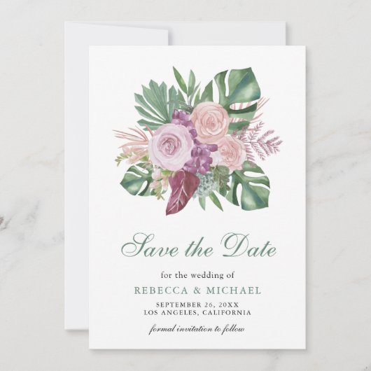 Stoffige Rozen Tropische Monstera bruiloft Save The Date (Voorkant)