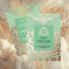 Stoffige Saliegroen RoseGoud Klassieke Monogram Br Folie Uitnodiging
