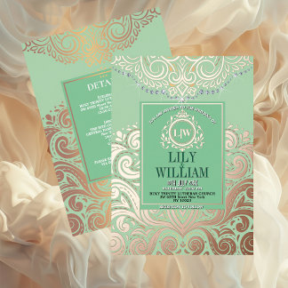 Stoffige Saliegroen RoseGoud Klassieke Monogram Br Folie Uitnodiging