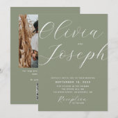 Stoffige Saliegroene Bruiloftsscript met Foto + QR Kaart (Voorkant / Achterkant)