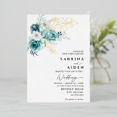 Stoffige smaragd groen wit bloemenbruiloft folie uitnodiging (Staand Voorkant)