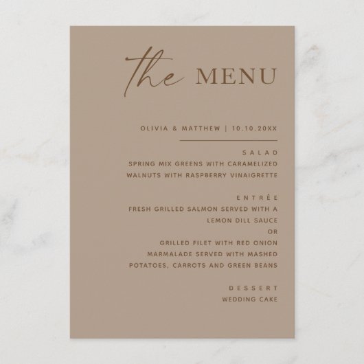 Stoffige Taupe Bruiloft. Moderne Warme Nuchtere On Menu (Voorkant)