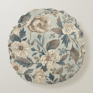 Stoffige Teal Blauwe Bruine Beige Boerderij Bloeme Rond Kussen