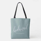 Stoffige Teal Bruidsmeisje Moderne Script Tote Bag (Achterkant)