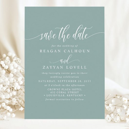 Stoffige Teal Elegante Calligrafie Bewaar de Datum Save The Date