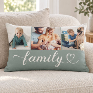 Stoffige Teal Familie Hart 3 Foto Collage Kussen