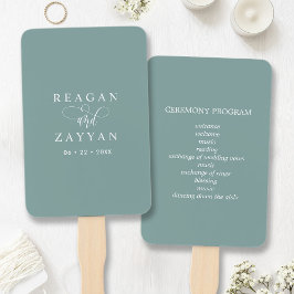 Stoffige Teal Minimalistische Script Trouwprogramm Handwaaier