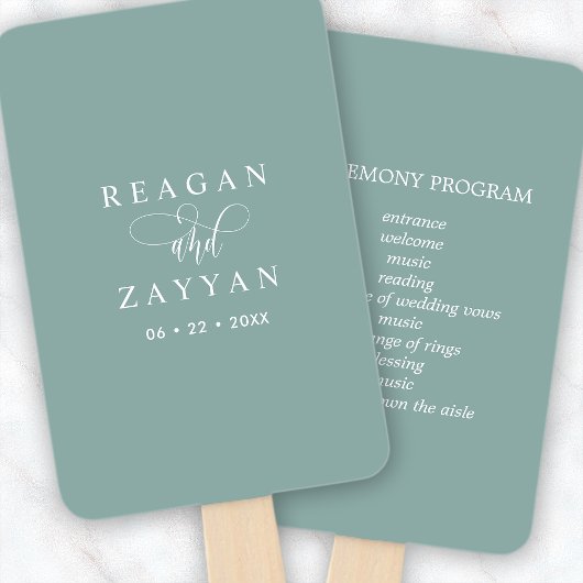 Stoffige Teal Minimalistische Script Trouwprogramm Handwaaier