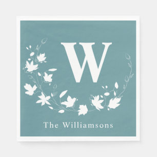 Stoffige Turquoise Monogram Bloemenkrans Familiefe Servet